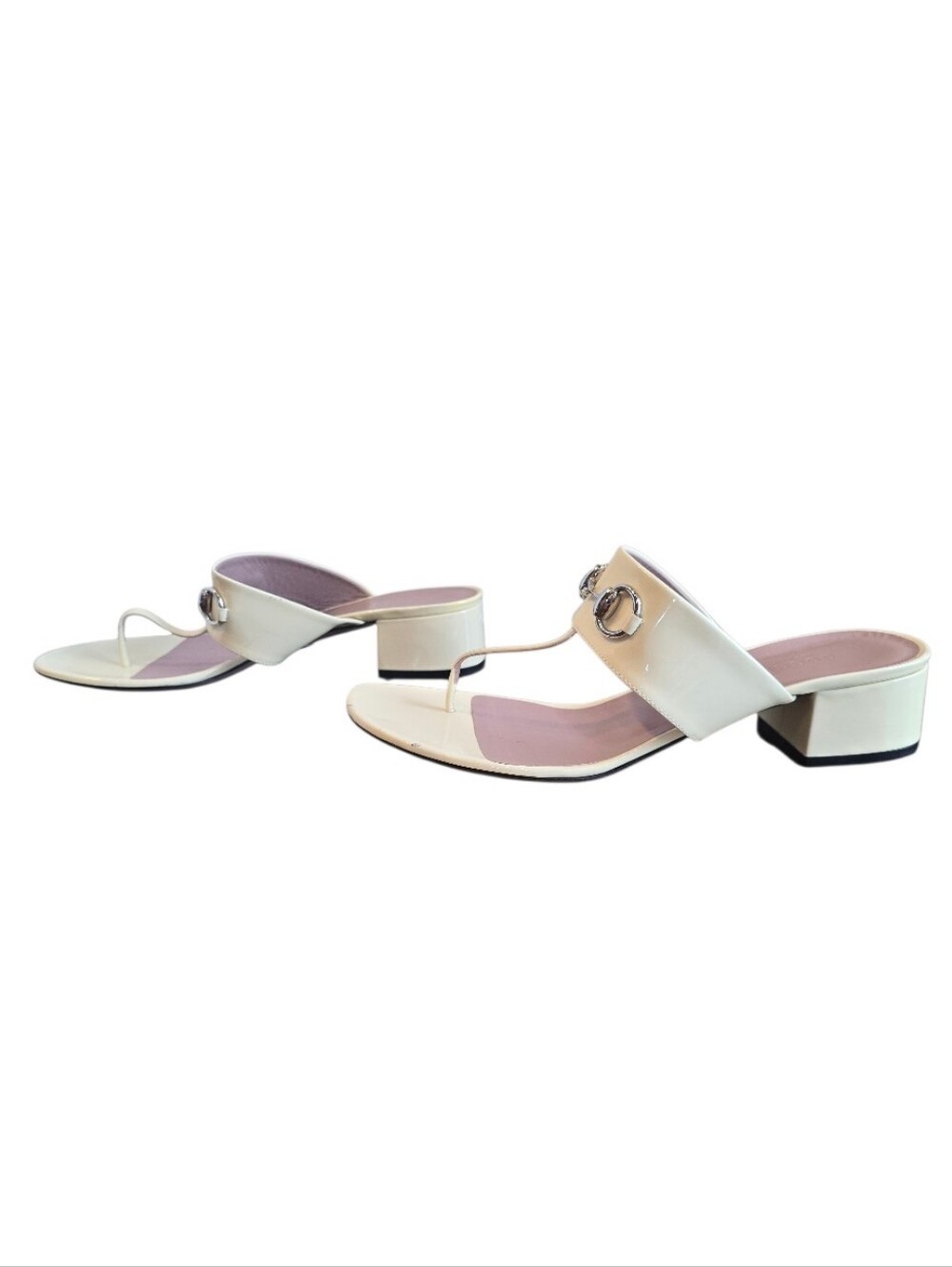 Gucci Cream Patent Leather Block Heel Sandals With Callouts 40 1/2 - Picture 6 of 14